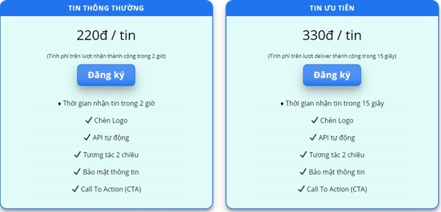 Bảng chi phí tham khảo của dịch vụ gửi tin nhắn ZNS